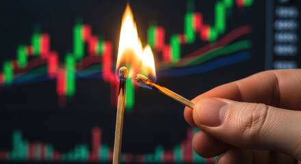 Hand Lighting Match Near Volatile Stock Market Chart