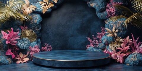 Enchanting Podium: A captivating stage, adorned with lush foliage, sets the scene for showcasing products or presenting creative work, offering a visual treat