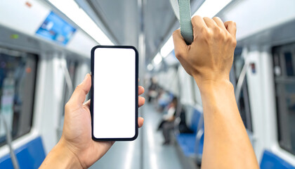 Passenger in train, and bus holding  smartphone with a blank screen with a blank screen