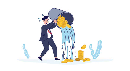 A businessman is spilling money from a bucket.

