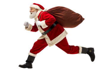 Santa Claus running with gift sack isolated on white