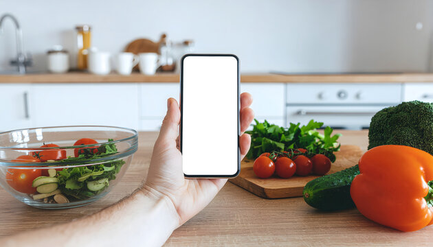 first person view of hands holding a smartphone with a blank screen in the kitchen