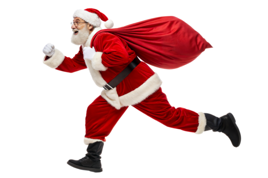Smiling Santa Claus running with large gift sack