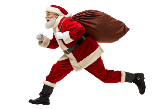 Santa Claus running with gift sack isolated on white