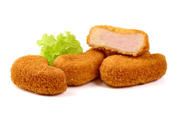 Fried Chicken Nuggets with Lettuce, isolated on white background