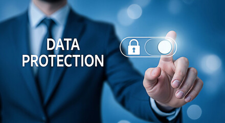 Businessman activates data protection with a digital toggle switch interface for enhanced security and privacy measures in the digital age