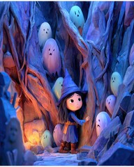 Enchanted Forest with a Young Witch and Colorful Ghosts