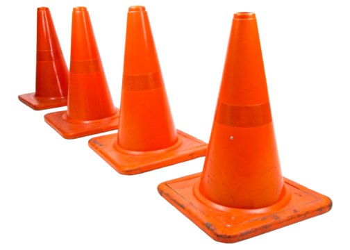 Row of orange traffic cones on white background