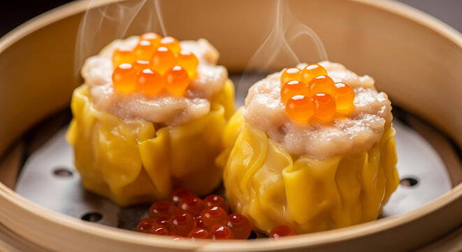 Two delicious, steamed dim sum dumplings topped with bright orange roe, presented in a bamboo steamer.