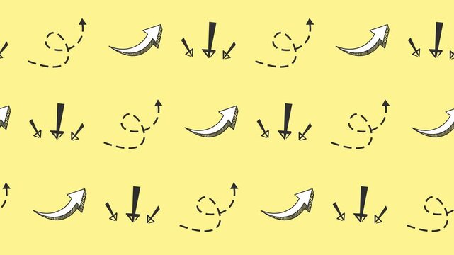 Seamless pattern of hand-drawn doodle arrows for direction and growth icon in background animation. Repeating wallpaper with upward, downward, and circular path arrows in tileable cartoon decoration