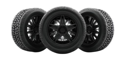 High quality photo of three automotive wheels with detailed tread patterns isolated on transparent background