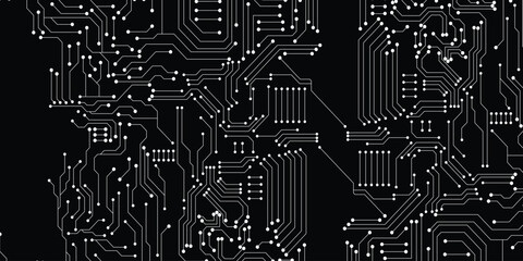 Technology white circuit diagram on black background. High-tech circuit board connection system. Vector abstract technology on black background.