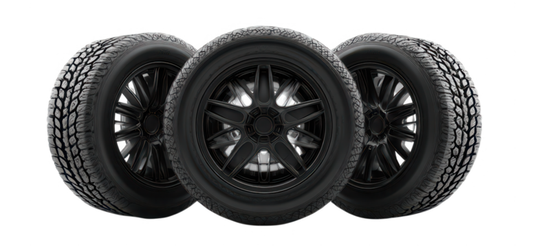 High quality photo of three automotive wheels with detailed tread patterns isolated on transparent background