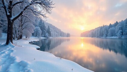 A blanket of snow covers a frozen lake, reflecting the pale winter sun; the air is still and quiet, a perfect January silence ,  nature,  serene landscape,  quietude