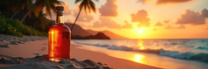 A bottle of Hawaiian-made liquor rests on a sandy beach at sunset, palm trees silhouetted in the background Tropical vibes, island life, relaxation, vacation , bottle, ocean view