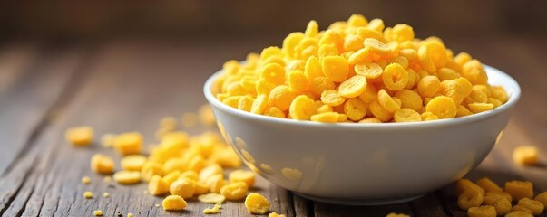 A bowl of golden-yellow sunflower cereal, milk cascading down the side, ready to be enjoyed for a healthy and delicious breakfast ,  healthy,  energy,  wholesome