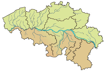 Obraz premium Illustration of belgium showing regional divisions and rivers flowing through the country in detail silhouette