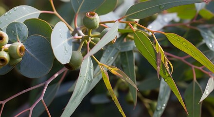 Eucalyptus branch with leaves and gumnuts in natural light.