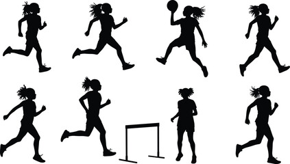 Athlete silhouettes, running, jumping, basketball, hurdling, sports motion, fitness, exercise, dynamic posture, energy, lifestyle, body, design, art