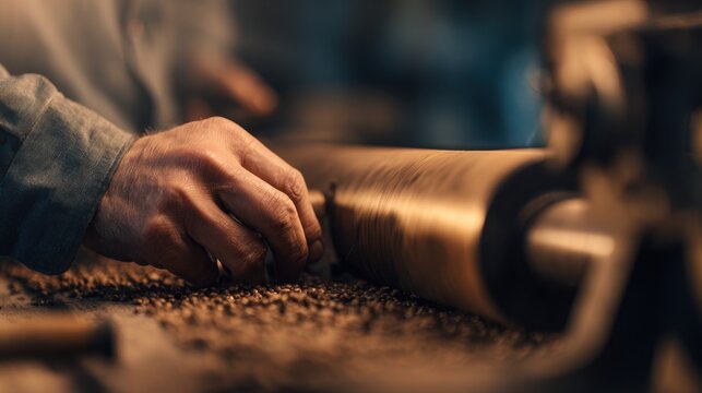 Close-up of a craftsman's hands skillfully working on a wooden lathe in a workshop filled with tools