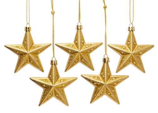 Five gold glitter star ornaments hanging on strings