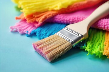 Fototapeta premium A close-up shot of a paintbrush resting on a pile of colorful cleaning supplies, suggesting the concept of housework as an artistic endeavor , rubber gloves, DIY, cleaning tools