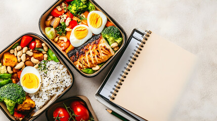 Balanced Diet Food in Containers for a Weekly Meal Plan with Copy Space.