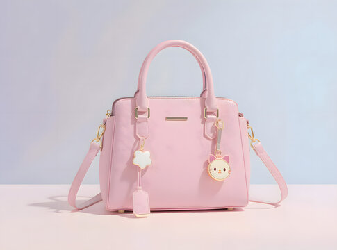 Cute pink handbag with cartoon keychains on pastel background