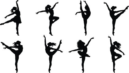 Ballet dancer silhouettes, arabesque, leg extension, graceful posture, dance poses, flexibility, elegance, performance, lifestyle, art, body design