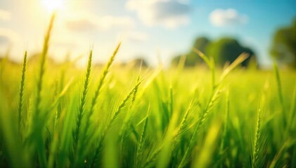 A gentle summer breeze rustles through tall grass in a sun-drenched field, creating waves of movement and a feeling of carefree warmth , day, countryside, field