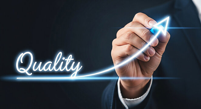 Businessman drawing quality growth arrow symbolizing improvement and success in business strategy and high standards with a bright future ahead
