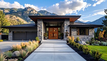 "Modern single-story house with stone and wood exterior, landscaped front yard, large windows, and scenic mountain backdrop under partly cloudy sky."