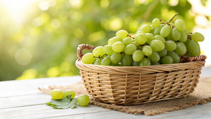 Green Grapes in wicker basket on white surface in natural warm sunlight background