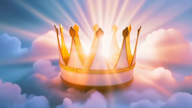 Royal crown on clouds with glowing light. Heavenly kingdom and reign concept. Divine power symbol. Spiritual worship footage.