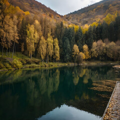 Vertical shot of Lake with long by trees