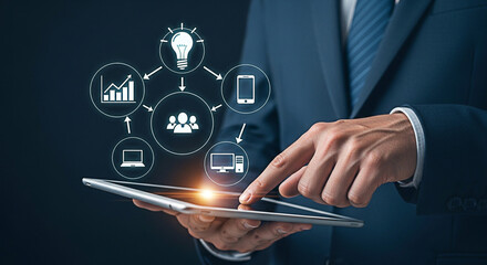 Businessman using tablet with business intelligence and data analytics icons displayed for strategic planning and innovative solutions