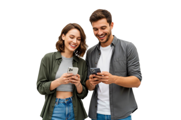 young couple using phone and smilling isolated on white