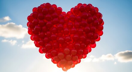 A large heart shape formed by numerous red balloons against a bright blue sky with some clouds.