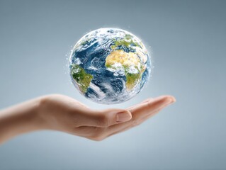 Global awareness hand holding earth model studio setting digital art conceptual visualization