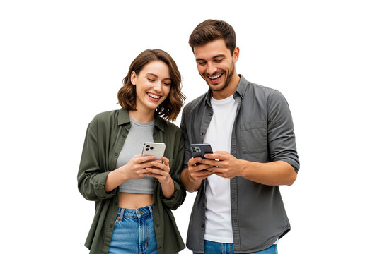 young couple using phone and smilling isolated on white