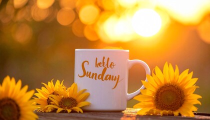 "White ceramic mug with 'Hello Sunday' text, flanked by vibrant yellow sunflowers and scattered coffee beans on orange surface and background, evoking cozy weekend vibes."