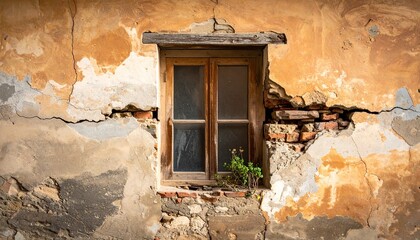 "Weathered plaster and brick wall with closed wooden-framed window and small green plant growing from cracks, evoking contrast between decay and resilience."