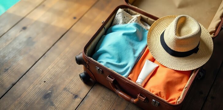 A neatly packed suitcase overflowing with summer clothes, sunscreen, and a straw hat, ready for a relaxing getaway The luggage is placed on a vintage wooden floor , getaway, essentials