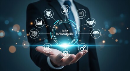 Obraz premium Futuristic Risk Management Concept with Digital Hologram and Business Icons