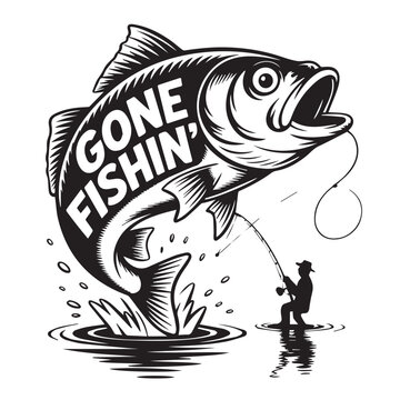 "Gone Fishing" Text with Funny Cartoon Fish Vector Design