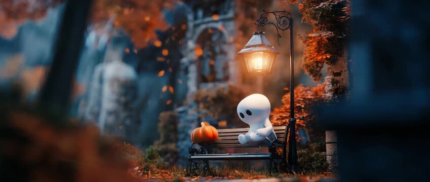 Animated ghost figure with pumpkin under street light in autumn scene