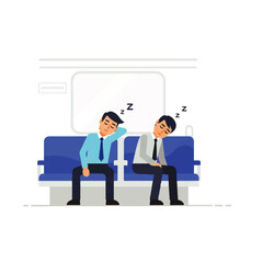 Fototapeta premium Two men sleeping on a train seat, heads drooping, with 'Z' symbols above them.