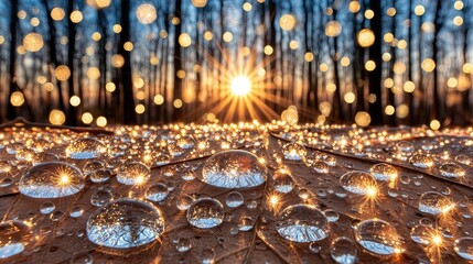 Sunrise Reflections on Dewdrops with Glowing Bokeh Background