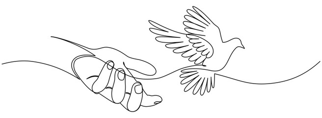 Flying dove from hand of One continuous line drawing. Dove symbol of peace and freedom in simple linear style. Doodle vector illustration