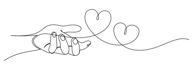 hand with heart symbol line art style vector illustration	